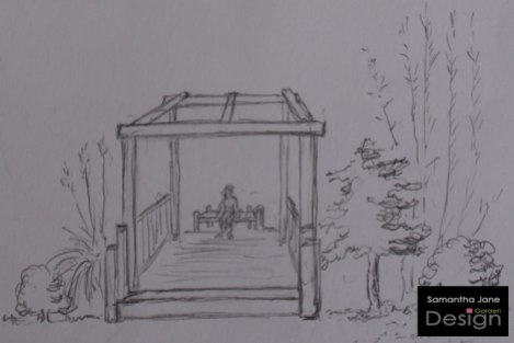 A 3D Sketch of an Oriental-Style Pergola to Give Views Across Different Areas of the Garden